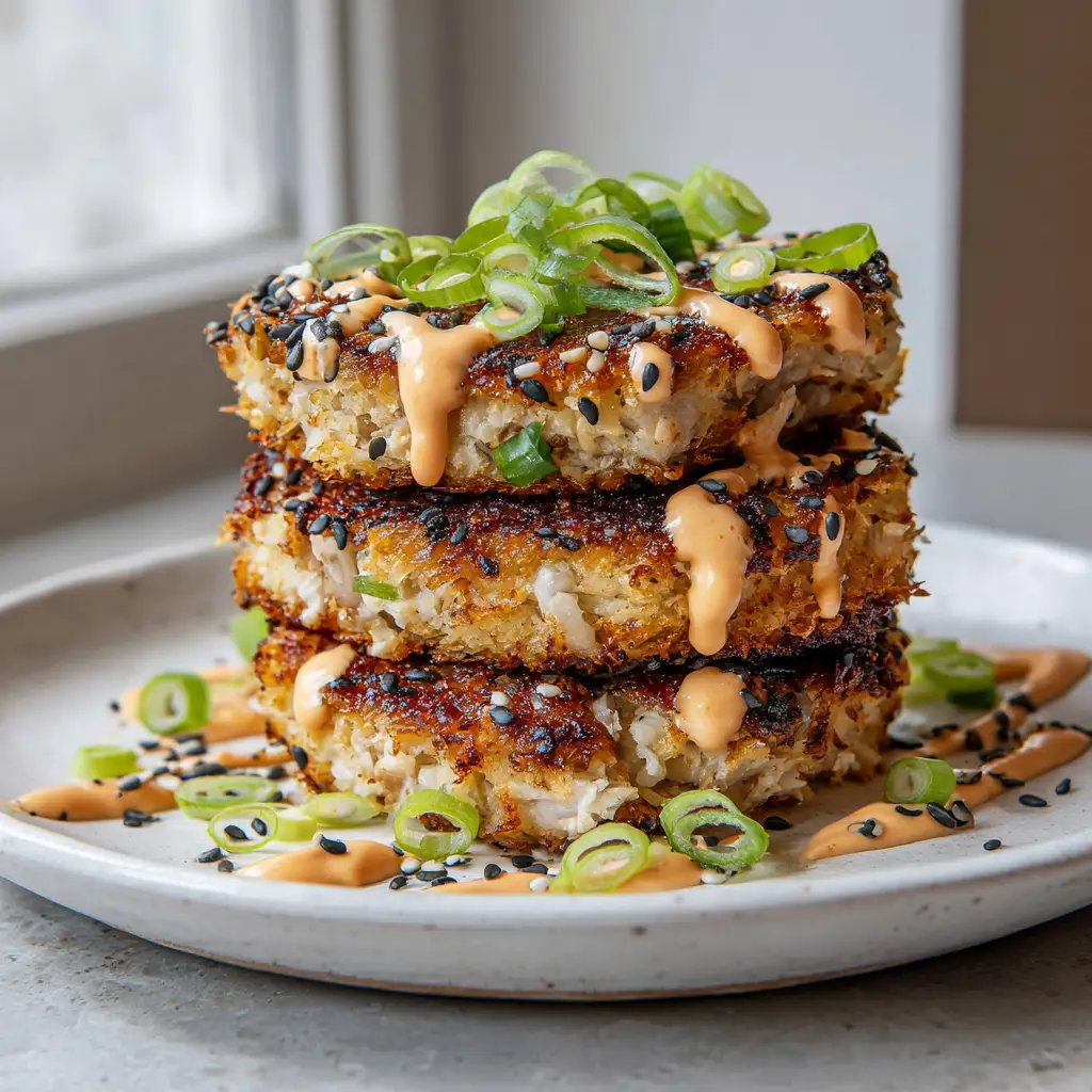 Asian Tuna Cakes: The Ultimate Crispy Panko-Crusted Recipe 2 Close up of thick circular Asian Tuna Cakes featuring a textured panko exterior and green scallions.
