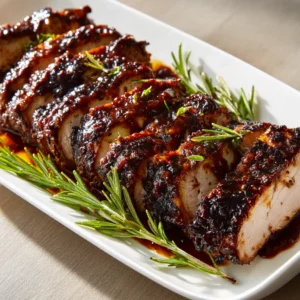 Close up of thick roasted pork loin slices with a glossy dark brown glaze and charred edges. (Coca-Cola Pork Loin)