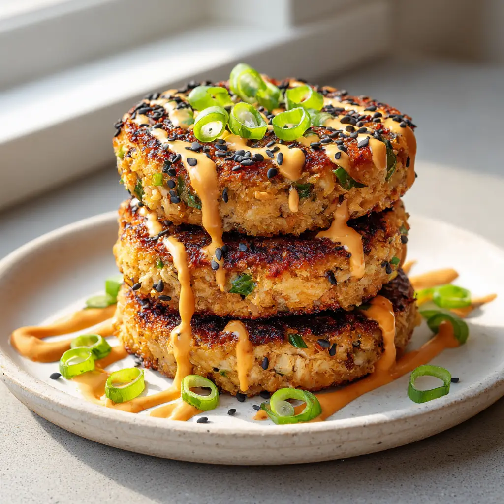 Asian Tuna Cakes: The Ultimate Crispy Panko-Crusted Recipe 1 Asian Tuna Cakes being served on a white ceramic plate with a zig-zag of sriracha mayo.
