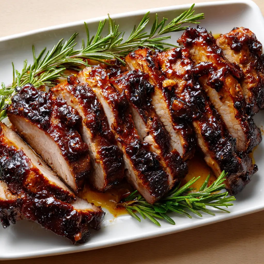 Coca-Cola Pork Loin with a Sticky Mahogany Glaze 1 Overhead view of Coca-Cola Pork Loin on a white rectangular ceramic platter garnished with fresh rosemary sprigs.