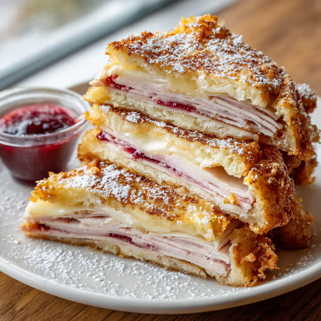 Inside layers of a Monte Cristo Recipe showing melted Swiss cheese, ham, and turkey. (Monte Cristo Recipe)