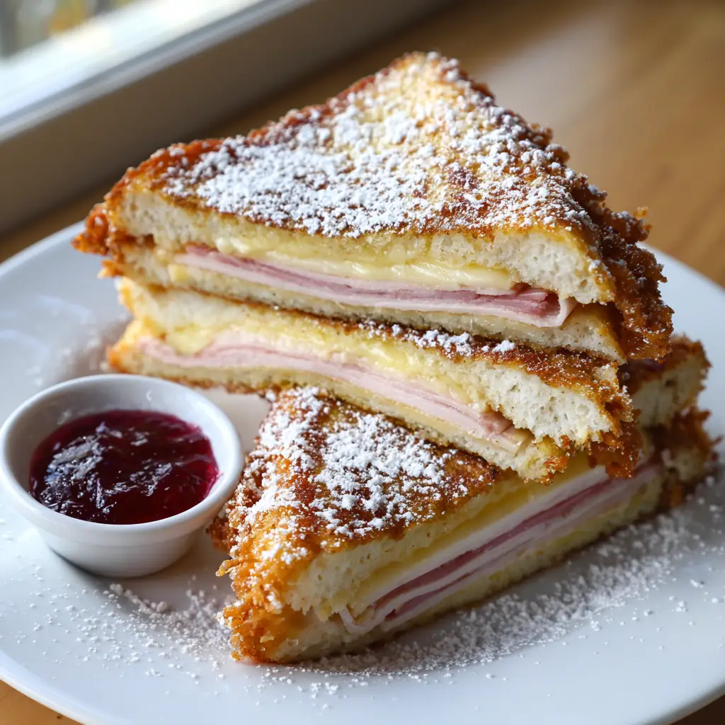 Monte Cristo Recipe: The Ultimate Deep-Fried Sweet and Savory Sandwich 1 A handheld smartphone photo of a deep-fried Monte Cristo sandwich with raspberry preserves. (Monte Cristo Recipe)