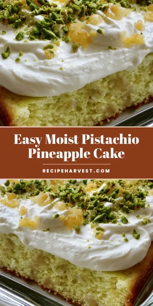 Pistachio Pineapple Cake with Stabilized Whipped Cream 4 A close-up vertical shot of a Pistachio Pineapple Cake in a glass dish featuring a thick whipped cream layer and chopped nuts.