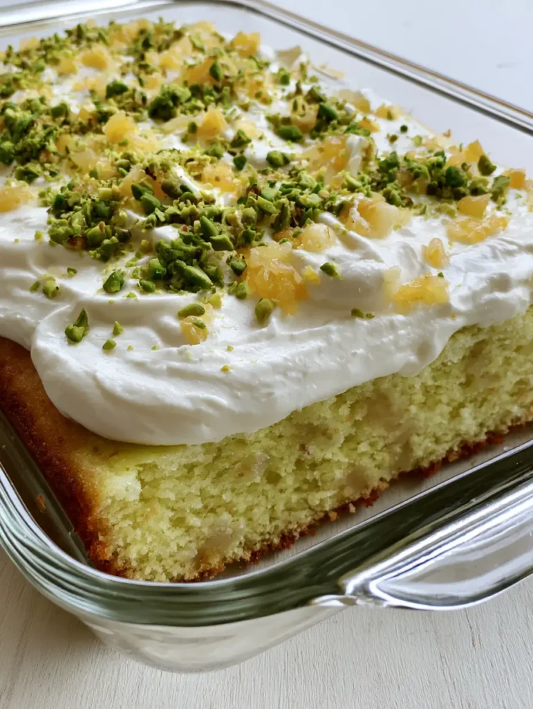 Overhead view of a Pistachio Pineapple Cake showing the pale green sponge and golden pineapple bits.