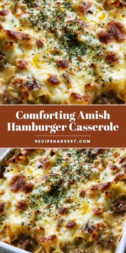 Amish Hamburger Casserole: The Ultimate Creamy Comfort Food Bake 3 A close-up vertical shot of Amish Hamburger Casserole in a white dish, featuring bubbly golden-brown cheese and dried parsley.