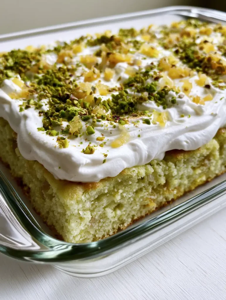 Pistachio Pineapple Cake with Stabilized Whipped Cream 1 Close-up of the thick stabilized whipped cream frosting on a Pistachio Pineapple Cake.