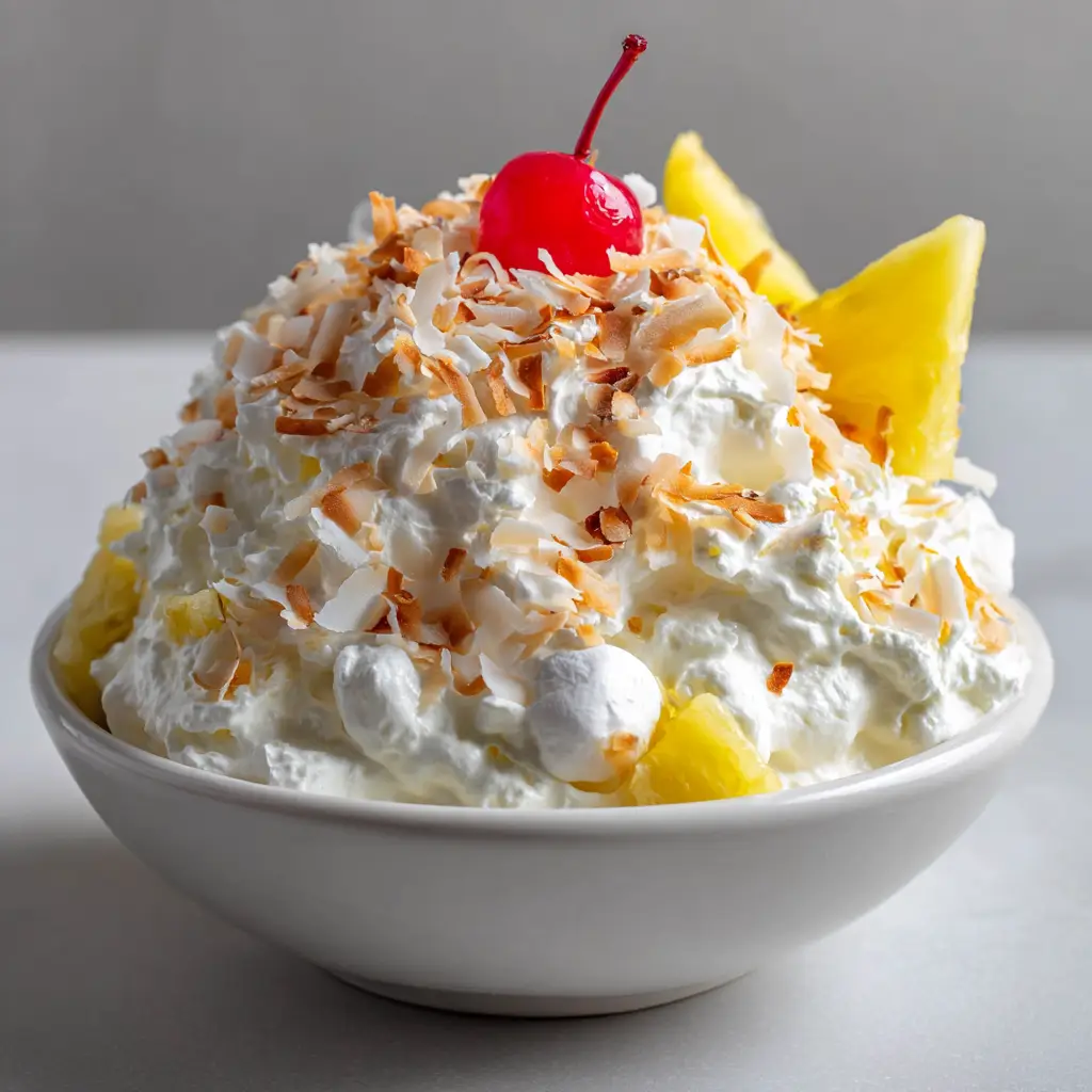Hawaiian Pineapple Coconut Fluff: The Ultimate Airy Tropical Dessert 1 Top view of Hawaiian Pineapple Coconut Fluff garnished with golden-brown toasted coconut and a maraschino cherry with a green stem.