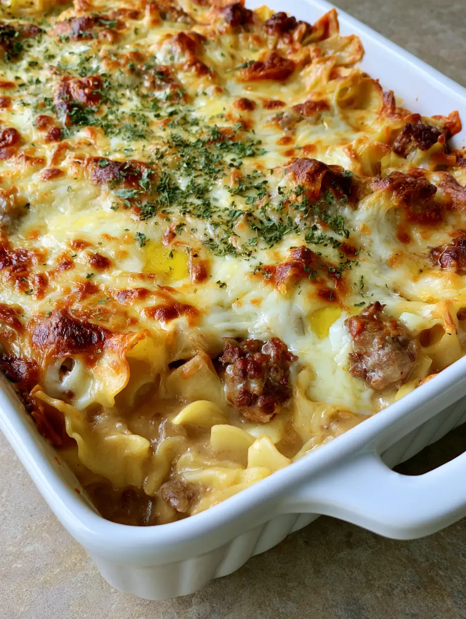 Amish Hamburger Casserole: The Ultimate Creamy Comfort Food Bake 4 A white ceramic baking dish filled with Amish Hamburger Casserole showing seared beef and creamy mushroom sauce under melted cheese.