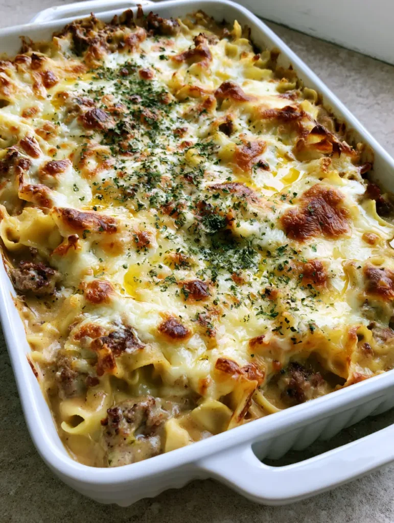 Amish Hamburger Casserole: The Ultimate Creamy Comfort Food Bake 1 Top-down view of the Amish Hamburger Casserole highlighting the toasted cheese edges and glistening oil spots.