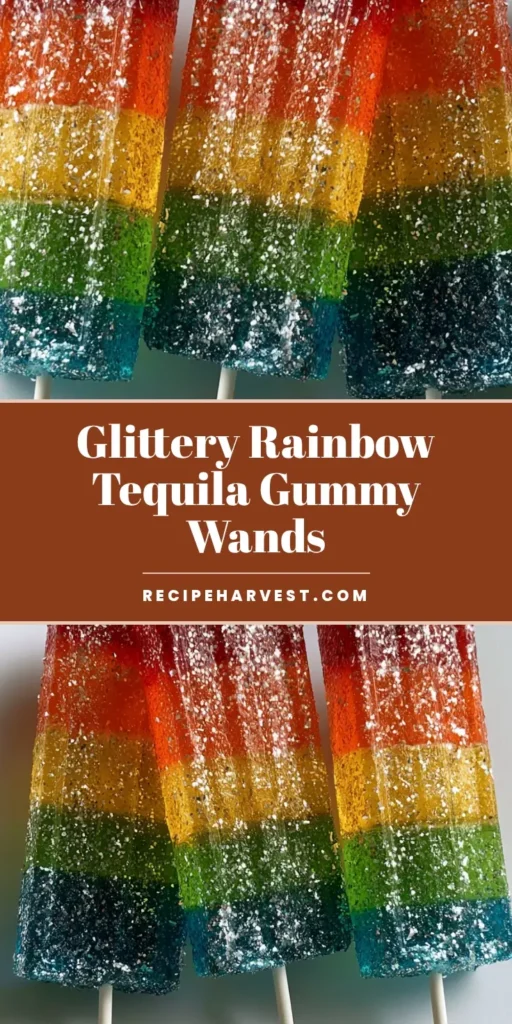 Tequila Gummy Wands: The Ultimate Boozy Rainbow Party Treats 4 Three rectangular Tequila Gummy Wands with five rainbow layers of red, orange, yellow, green, and blue gelatin, heavily coated in silver glitter on white sticks. (Tequila Gummy Wands)