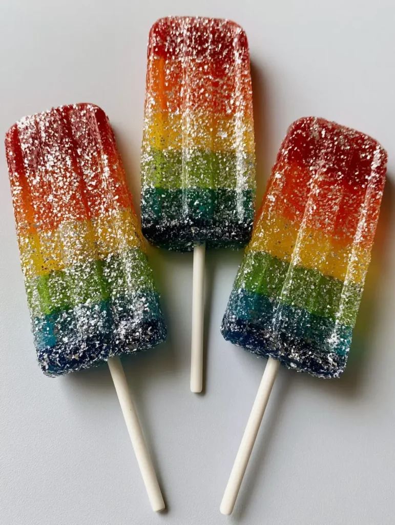 Tequila Gummy Wands: The Ultimate Boozy Rainbow Party Treats 1 Handheld photo of rainbow Tequila Gummy Wands on white sticks against a neutral gray background.
