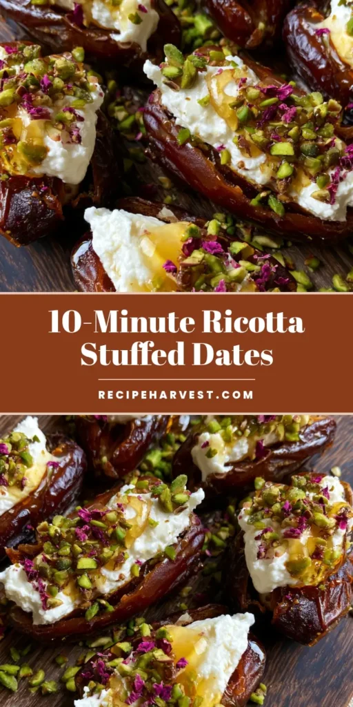 Ricotta Stuffed Dates with Roasted Pistachios and Honey 3 A handheld smartphone photo of Ricotta Stuffed Dates garnished with pistachios and rose petals on a wood board.