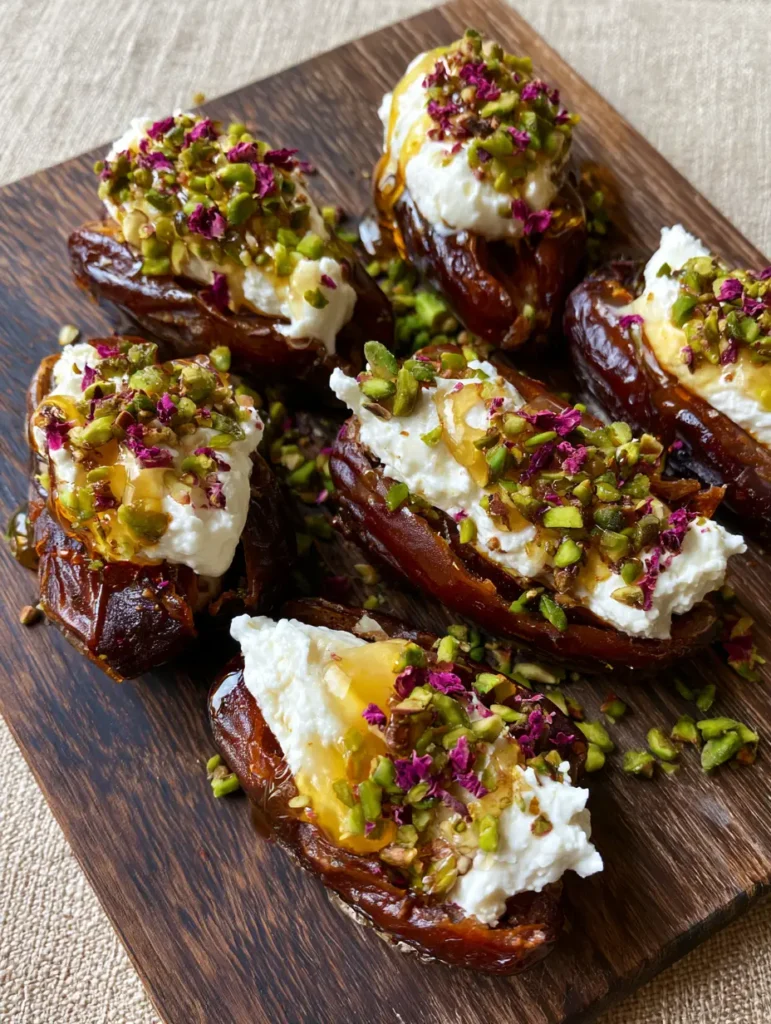 Close up of glossy Medjool Ricotta Stuffed Dates with snowy white whipped cheese.
