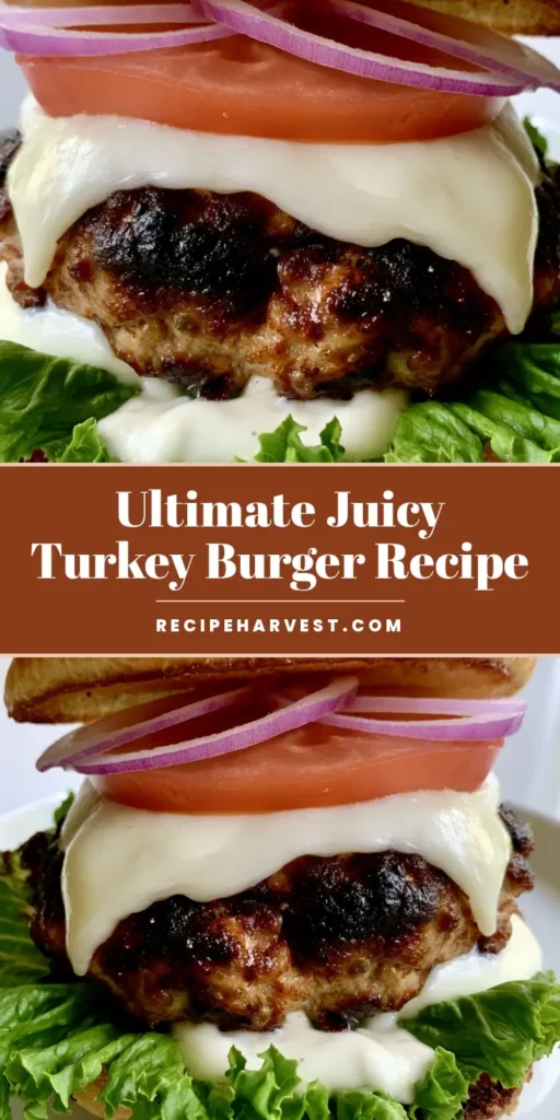 Juicy Turkey Burger Recipe: The Ultimate Moist & Seared Gourmet Burger 3 A gourmet Juicy Turkey Burger Recipe featuring a thick seared patty, drooping Swiss cheese, and fresh red onion rings on a white plate.