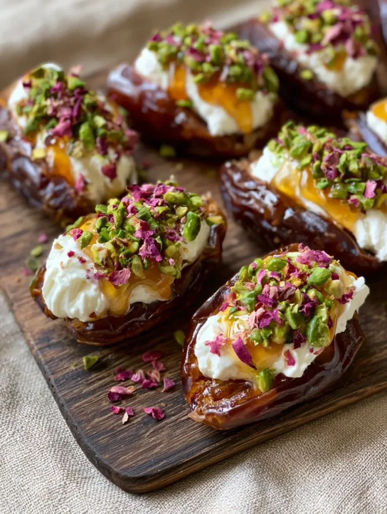 Ricotta Stuffed Dates with Roasted Pistachios and Honey 1 Ricotta Stuffed Dates arranged organically on a rustic dark wood serving board with honey drizzle.