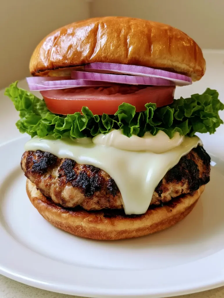 Juicy Turkey Burger Recipe: The Ultimate Moist & Seared Gourmet Burger 2 Handheld photo of a seared turkey burger with melted Swiss cheese and vibrant green lettuce. (Juicy Turkey Burger Recipe)