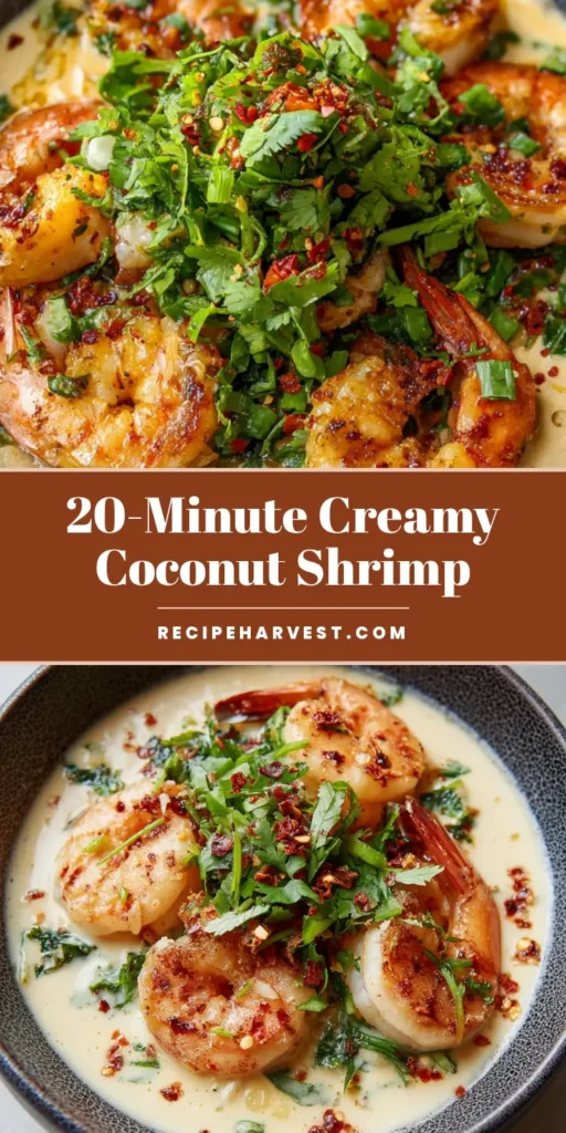 Creamy Coconut Garlic Shrimp: A 20-Minute Gourmet Dinner Recipe 4 A high-angle smartphone photo of Creamy Coconut Garlic Shrimp with pink seared shrimp in a thick ivory sauce, topped with cilantro and chili flakes in a charcoal bowl.