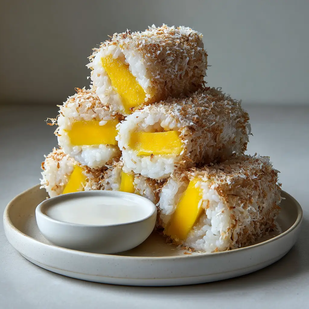 Mango Sticky Rice Rolls with Toasted Golden Coconut 1 Close-up of Mango Sticky Rice Rolls heavily coated in golden-brown toasted coconut flakes with a dipping bowl.