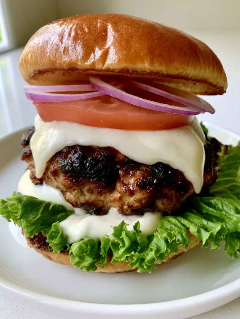 Juicy Turkey Burger Recipe: The Ultimate Moist & Seared Gourmet Burger 1 Close up of a thick gourmet turkey burger on a toasted brioche bun with mayonnaise and fresh vegetables.