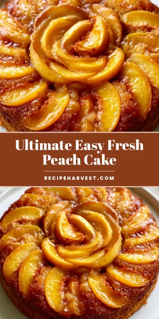 Fresh Peach Cake Recipe: The Ultimate Moist Summer Sponge Cake 3 A vertical shot of a round Fresh Peach Cake Recipe with a golden-brown sponge and a tight spiral of jammy peach wedges on top.