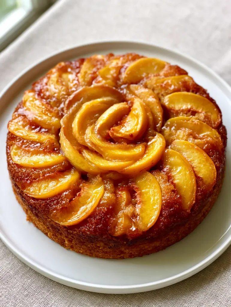 Smartphone photo of a round Fresh Peach Cake Recipe showing the moist sponge crumb and glistening glaze on a white plate.