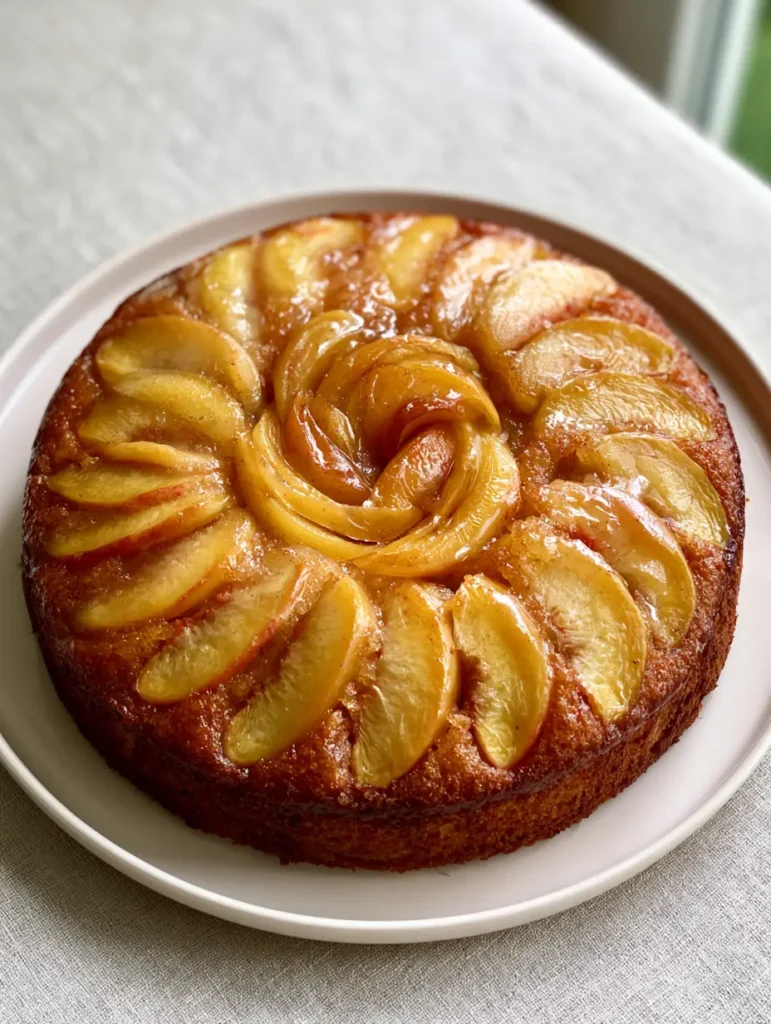 Fresh Peach Cake Recipe: The Ultimate Moist Summer Sponge Cake 1 Close up view of the tight spiral peach arrangement on the Fresh Peach Cake Recipe with a light-gray linen background.