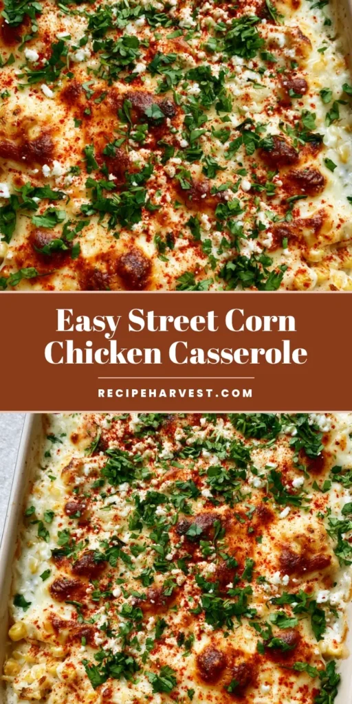 Street Corn Chicken Casserole with Bubbly Mozzarella and Charred Corn 4 A top-down view of a Street Corn Chicken Casserole in a white dish featuring bubbly cheese, charred corn, and a dusting of red chili powder.