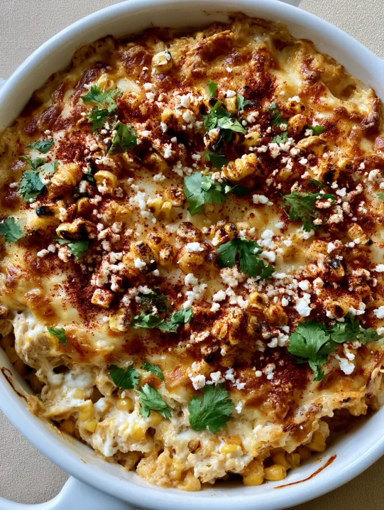 Street Corn Chicken Casserole with Bubbly Mozzarella and Charred Corn 2 Close up of Street Corn Chicken Casserole with melted mozzarella and fresh cilantro garnish in a white ceramic dish.