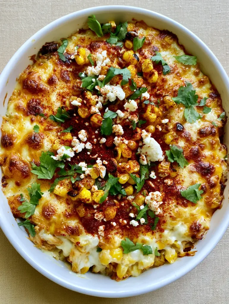 Street Corn Chicken Casserole with Bubbly Mozzarella and Charred Corn 1 A smartphone photo of Street Corn Chicken Casserole showing the charred corn and red chili powder topping.