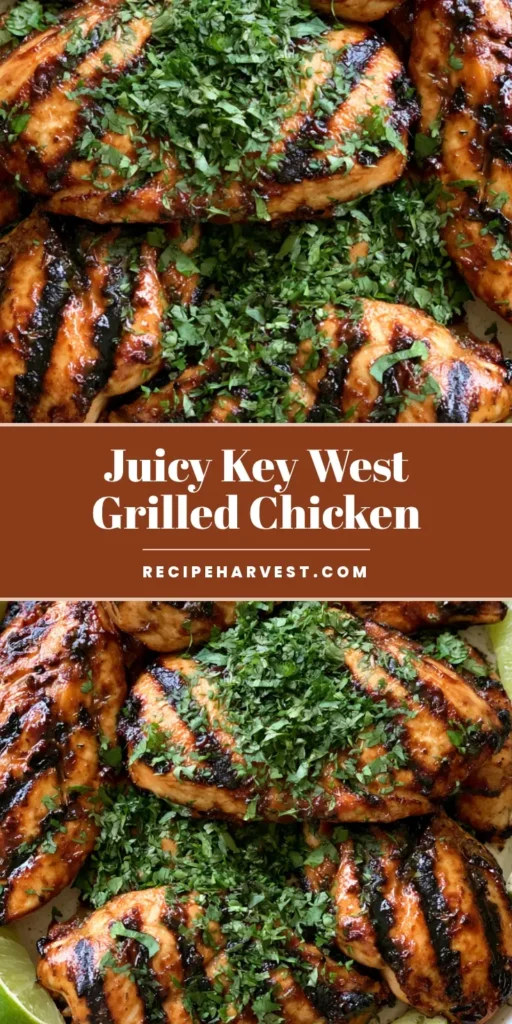 Juicy Key West Grilled Chicken breasts on a white ceramic plate with dark grill marks, honey glaze, and lime wedges.