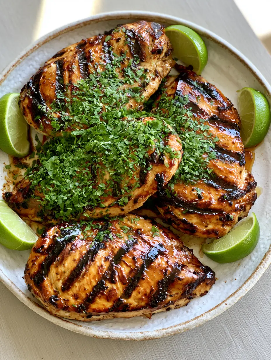 Close-up of Key West Grilled Chicken with diagonal char marks and fresh cilantro garnish on a white plate.