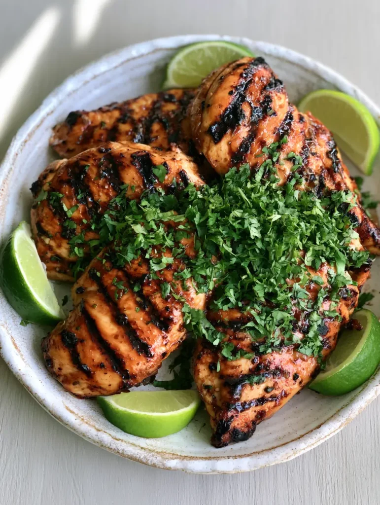 Glistening Key West Grilled Chicken arranged on a rustic wooden table with vibrant lime wedges and cilantro.