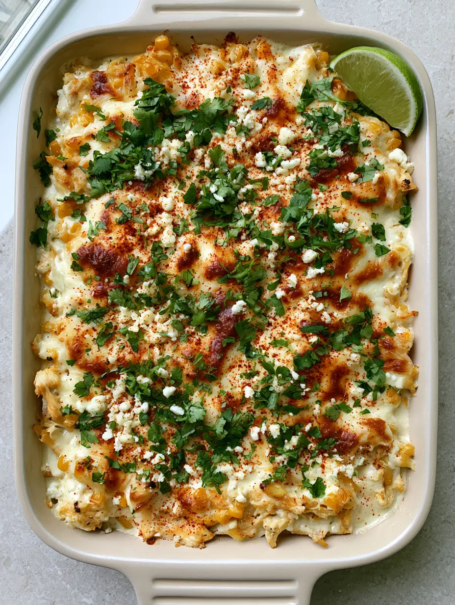 Top-down view of Street Corn Chicken Casserole showing melted mozzarella, monterey jack, and golden corn kernels with a lime wedge.