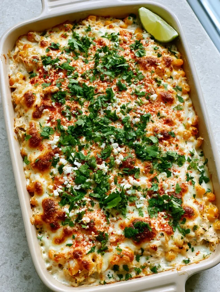 Close up of the creamy texture and cilantro garnish on a Street Corn Chicken Casserole.