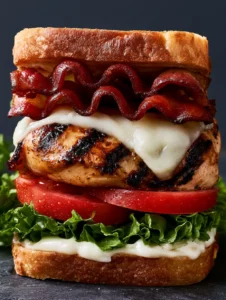 Close up of a Loaded Chicken Club Sandwich showing glossy garlic aioli and ruffled lettuce.