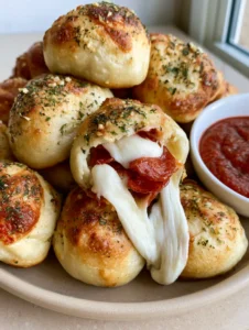 Handheld photo of Pepperoni Pizza Bombs on a ceramic plate with garlic butter crust.
