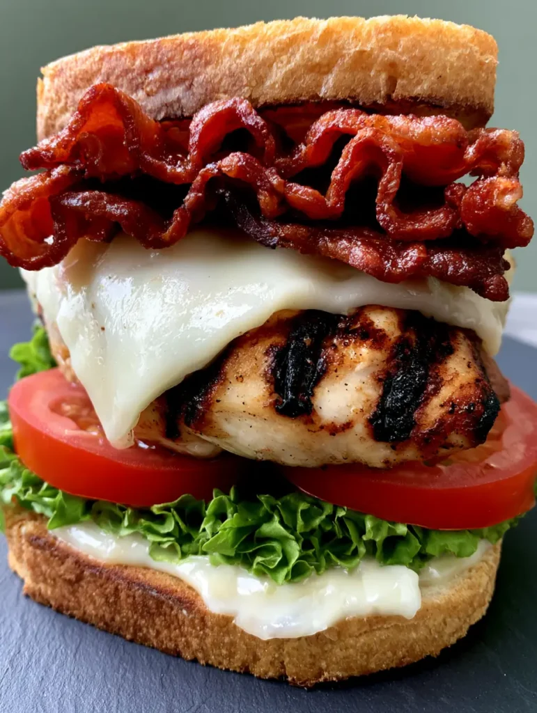 Loaded Chicken Club Sandwich with Garlic Aioli and Crispy Bacon 1 Smartphone photo of a Loaded Chicken Club Sandwich with melted provolone and charred grill marks.