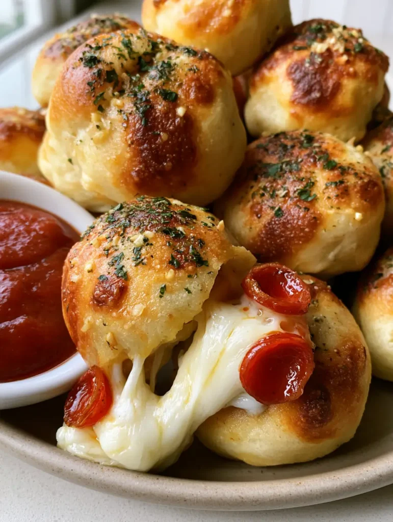 Close up of Pepperoni Pizza Bombs showing the pepperoni and cheese filling.
