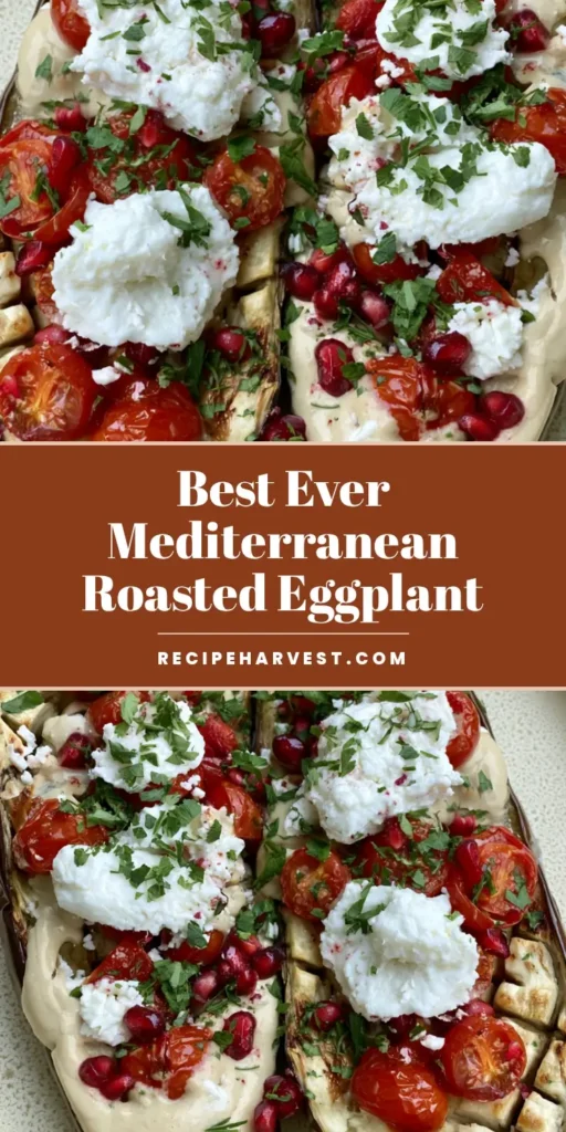 Mediterranean Roasted Eggplant with Creamy Tahini and Pomegranate 3 A close-up vertical shot of Mediterranean Roasted Eggplant halves topped with feta, tahini, and pomegranate seeds on a cream plate.