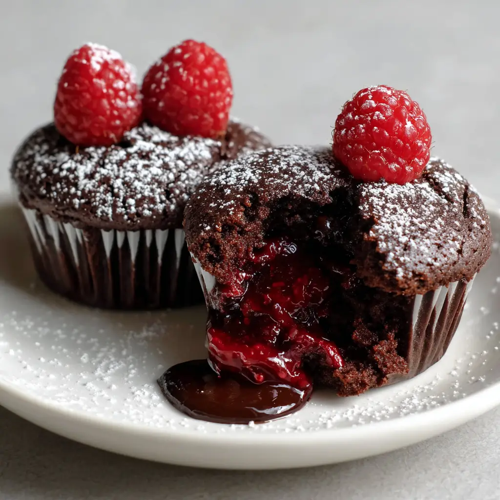 Raspberry Chocolate Lava Cupcakes with Molten Dark Chocolate Ganache 1 Detail shot of the moist chocolate sponge and liquid raspberry puree flowing out of a lava cupcake.