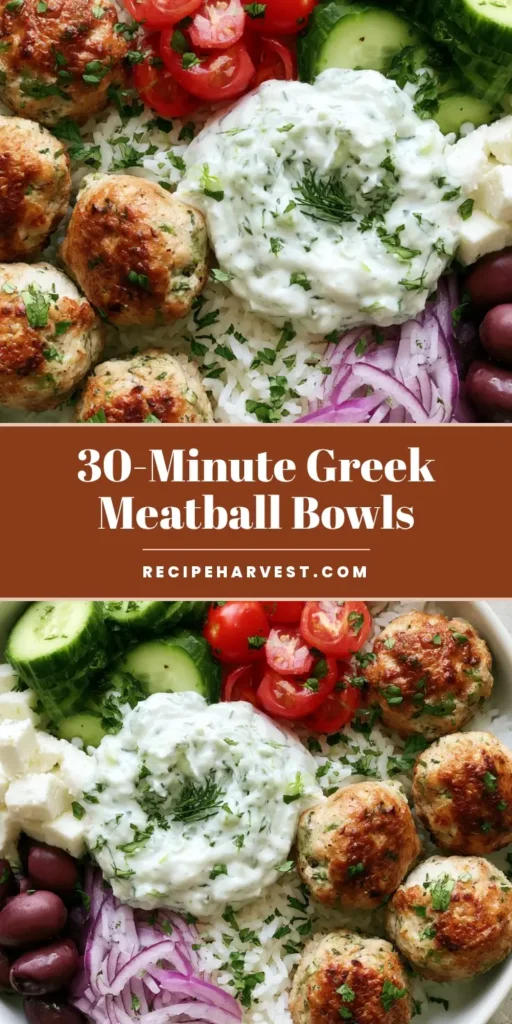Greek Turkey Meatball Bowls with Fluffy Rice and Tzatziki 4 A shallow white bowl filled with rice, seared herb turkey meatballs, sliced cucumbers, tomatoes, and tzatziki sauce. (Greek Turkey Meatball Bowls)