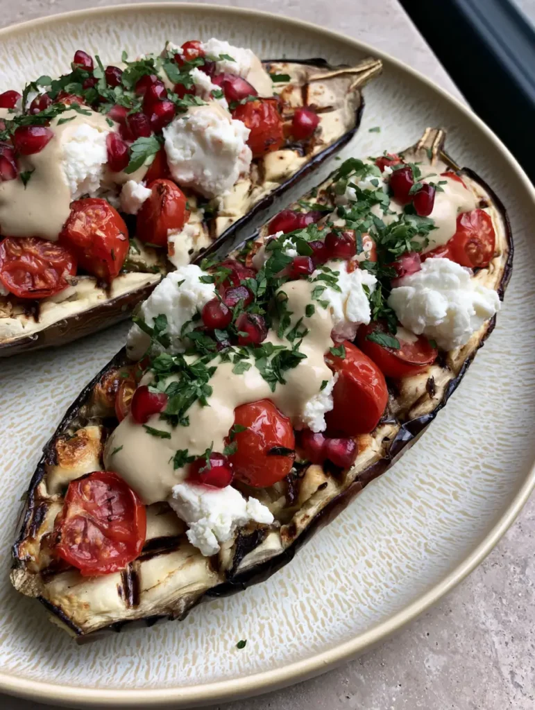 Mediterranean Roasted Eggplant with Creamy Tahini and Pomegranate 2 Two roasted eggplant halves with golden caramelized cross-hatch scored flesh and charred edges. (Mediterranean Roasted Eggplant)