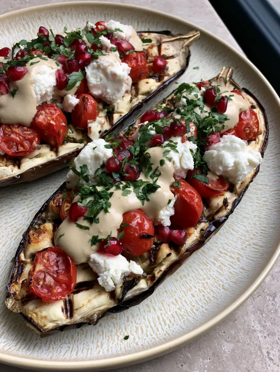 Mediterranean Roasted Eggplant with Creamy Tahini and Pomegranate 4 Two roasted eggplant halves with golden caramelized cross-hatch scored flesh and charred edges. (Mediterranean Roasted Eggplant)