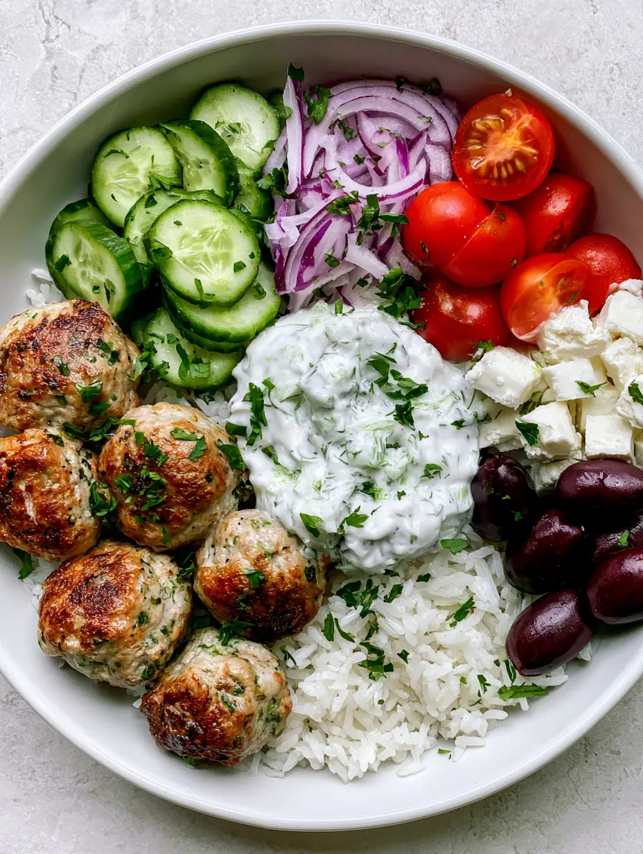 Greek Turkey Meatball Bowls with Fluffy Rice and Tzatziki 3 Close up of five golden-brown seared turkey meatballs with green herb flecks in a bowl. (Greek Turkey Meatball Bowls)