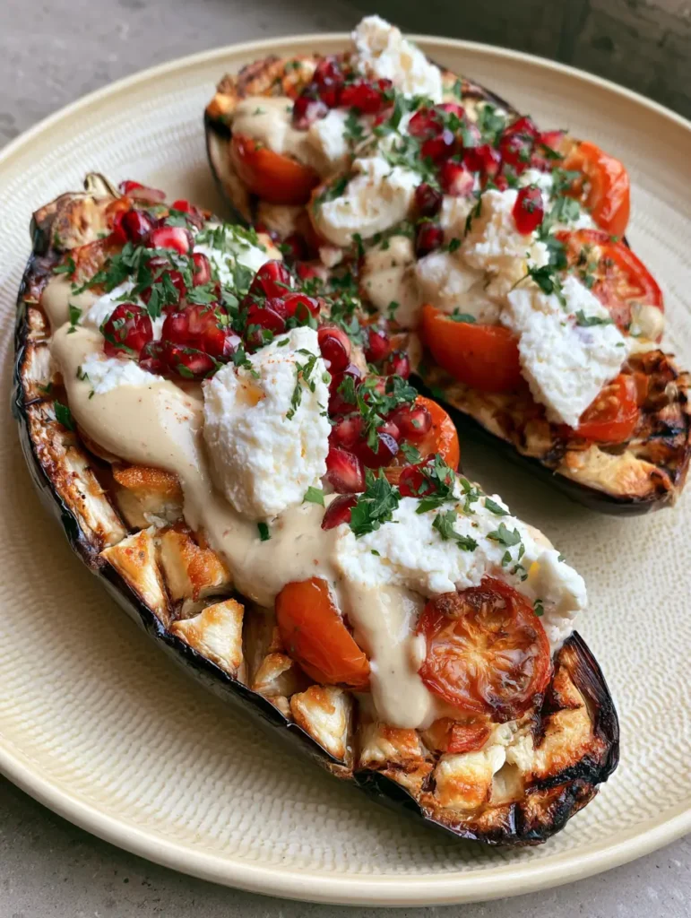 Mediterranean Roasted Eggplant with Creamy Tahini and Pomegranate 1 Mediterranean Roasted Eggplant served on a textured ceramic plate with thick tahini drizzle and red pomegranate seeds.