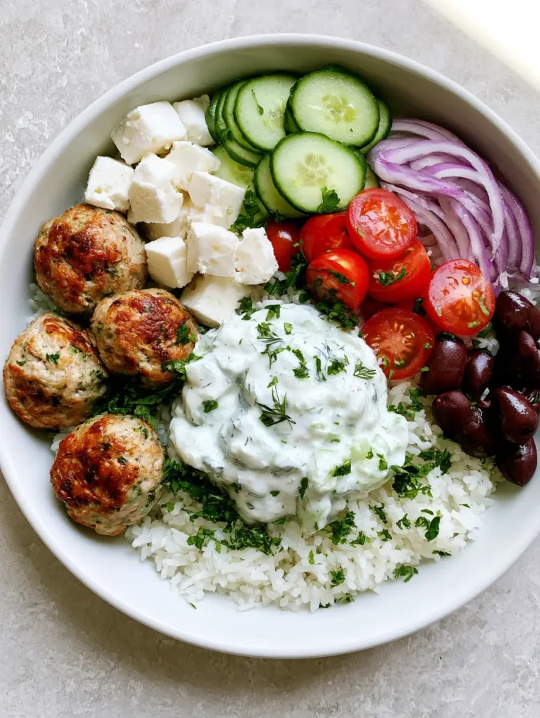 Greek Turkey Meatball Bowls with Fluffy Rice and Tzatziki 1 Overhead view of assembled Greek Turkey Meatball Bowls with vibrant vegetables and tzatziki.