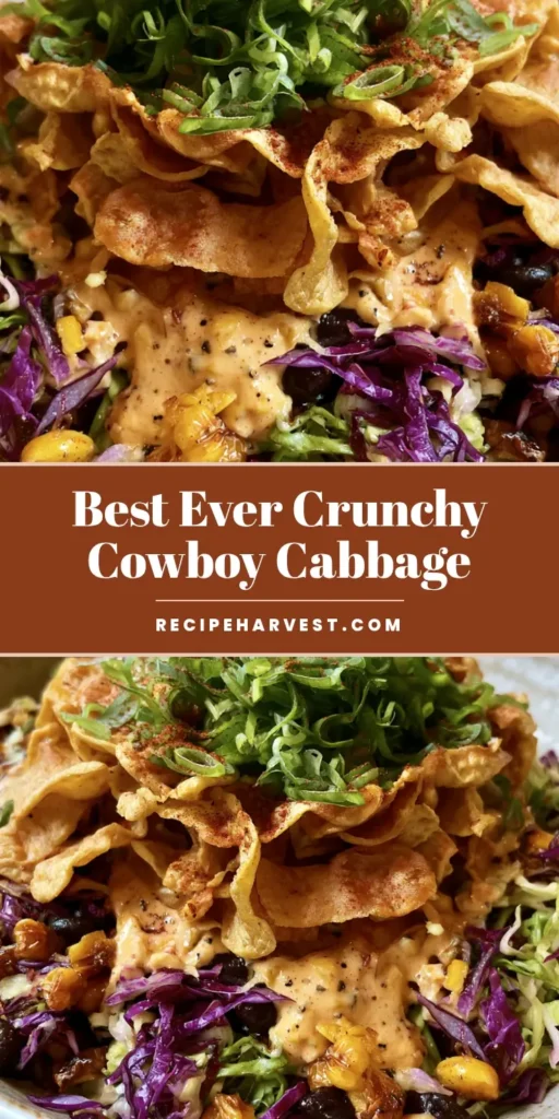 A large white bowl of Frito Cowboy Cabbage topped with golden wavy corn chips, green onions, and smoked paprika. (Frito Cowboy Cabbage)