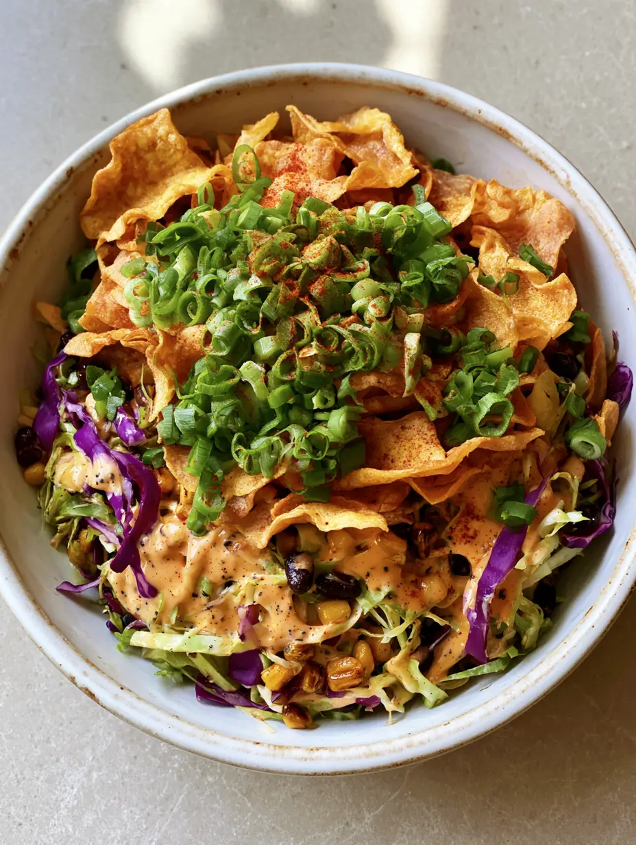 High-angle view of Cowboy Cabbage salad with shredded purple and green cabbage and black beans. (Frito Cowboy Cabbage)