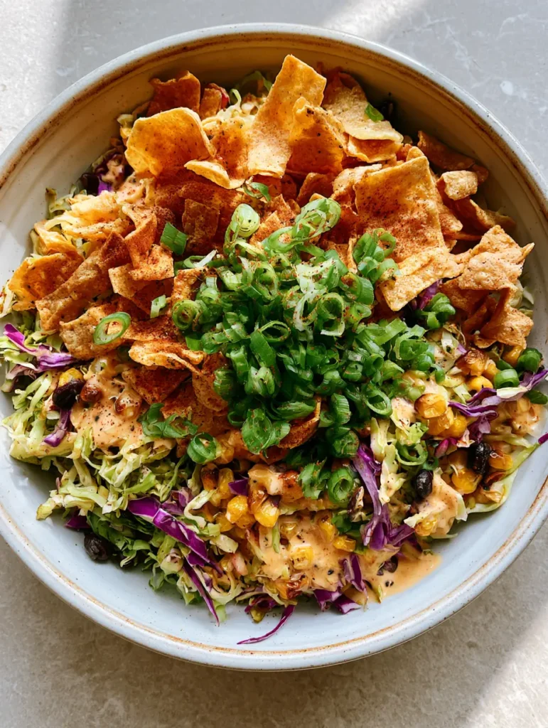 Close up of the creamy chipotle dressing coating the cabbage ribbons in Frito Cowboy Cabbage.