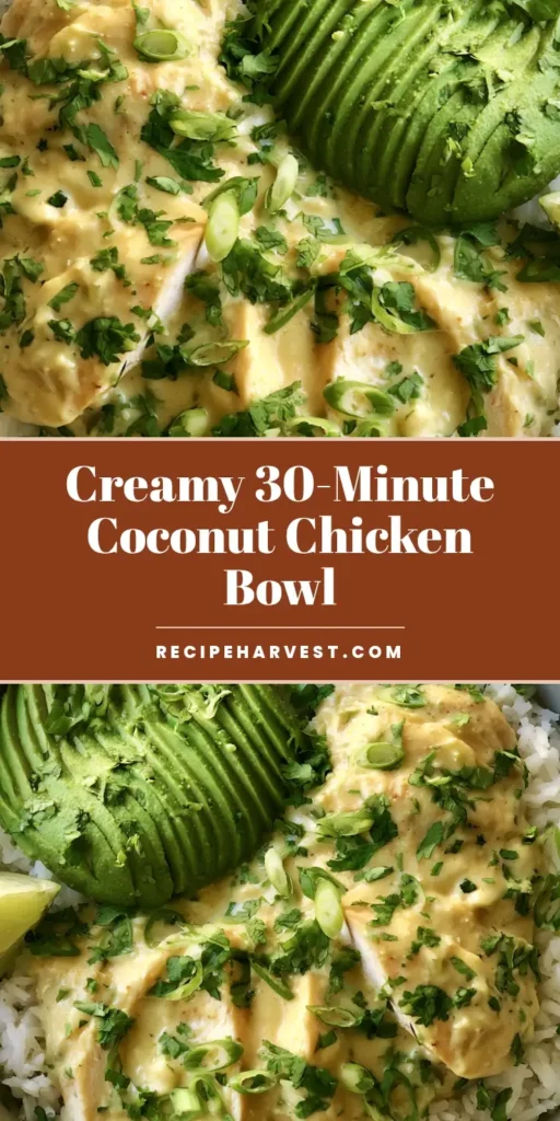Coconut Chicken Rice Bowl with Creamy Lime and Avocado 4 Top down view of a Coconut Chicken Rice Bowl featuring creamy chicken, white jasmine rice, and a perfectly fanned avocado.